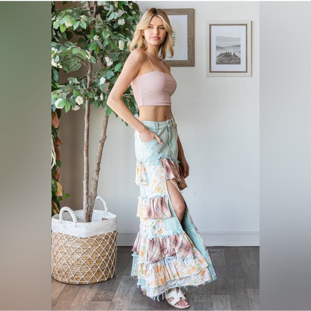 Oli & Hali Mint Plaid Floral Patchwork Ruffle Slit Denim Maxi Skirt - Picture 9 of 10